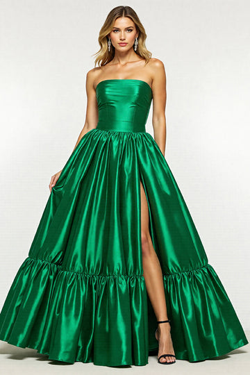 Dark Green Satin Ruffled A Line Strapless Long Formal Dress with Slit